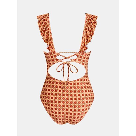 Women's  Orange Ruffled One Piece Swimsuit V Neck Lace Up - Picture 7 of 7